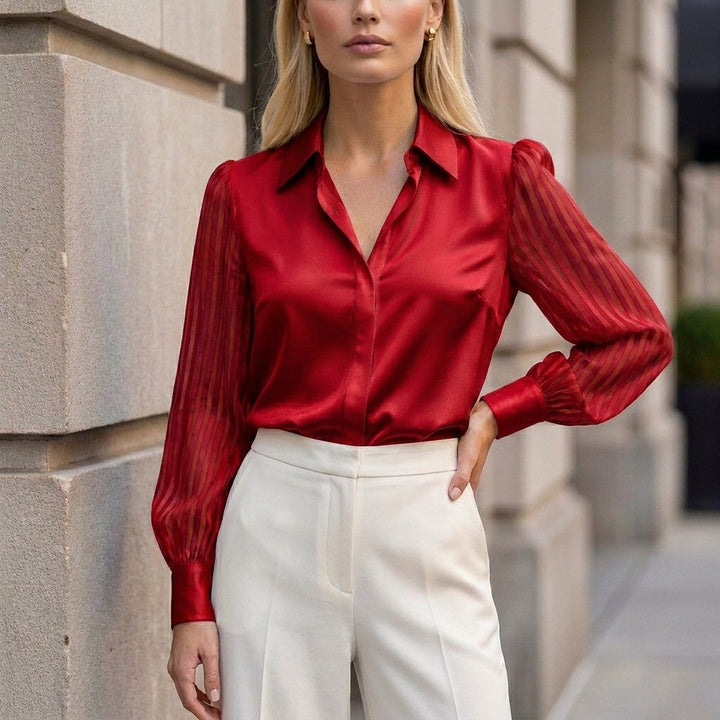 Blouse Women Striped High Waist Sheer Sleeve Glossy