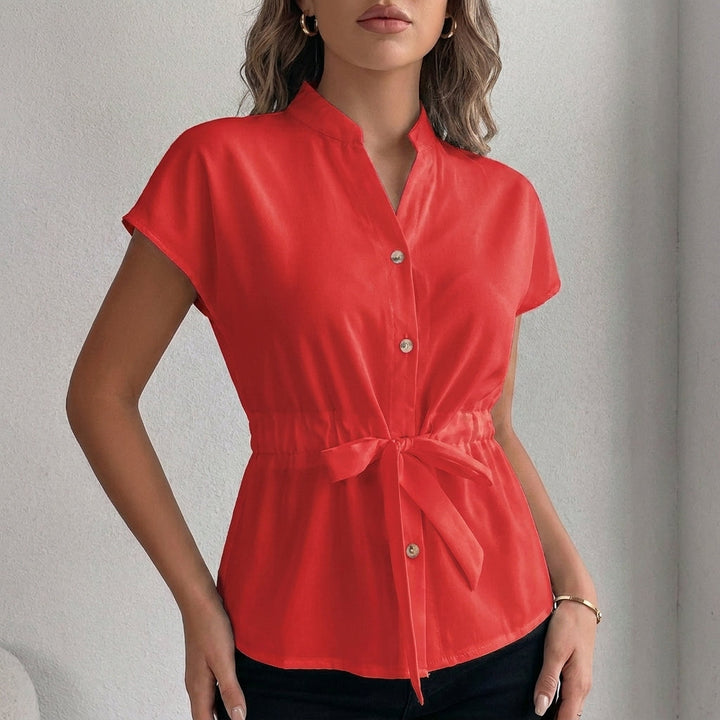 Denim Blouse Women Cap Sleeve Stand Collar Tie Waist