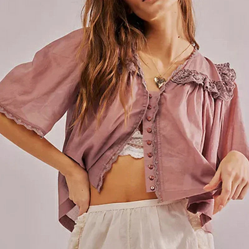Cotton Blouse Women Cropped Lace Trim White