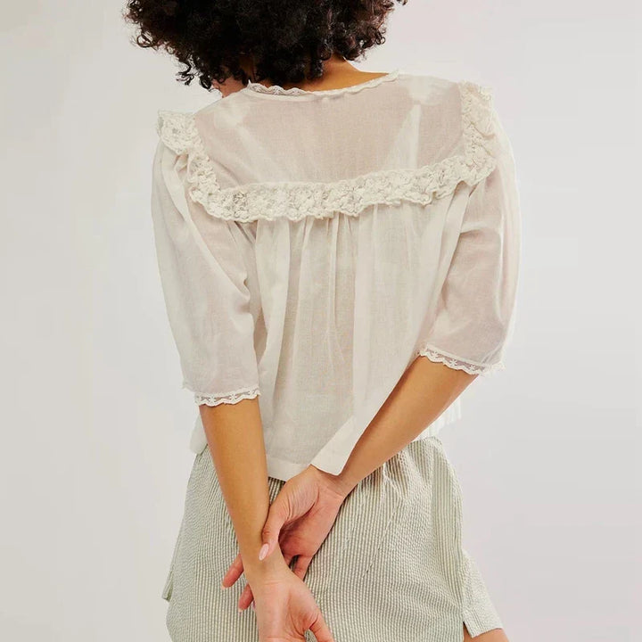 Cotton Blouse Women Cropped Lace Trim White