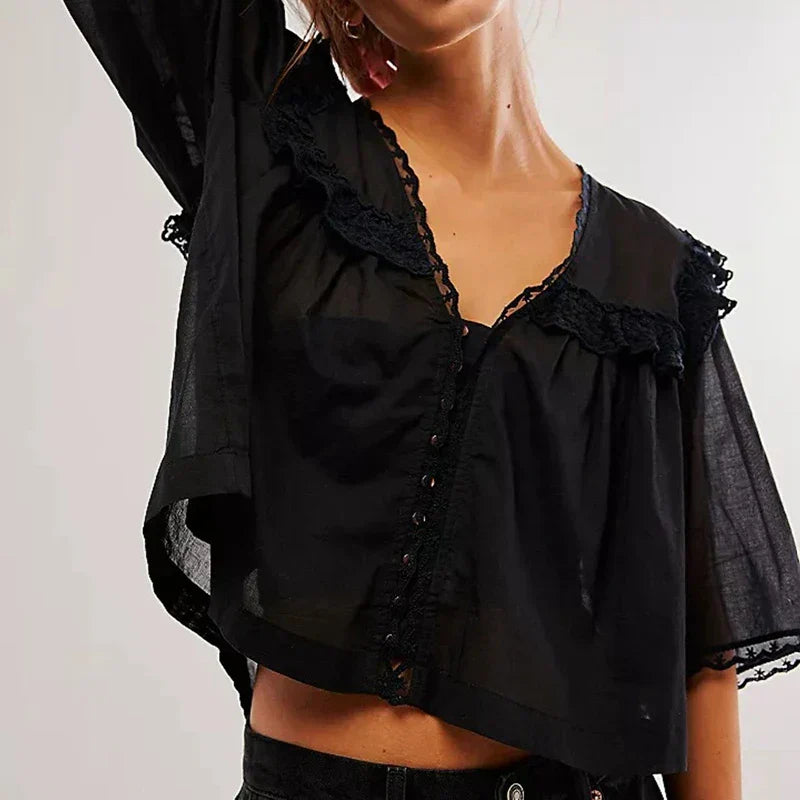 Cotton Blouse Women Cropped Lace Trim White