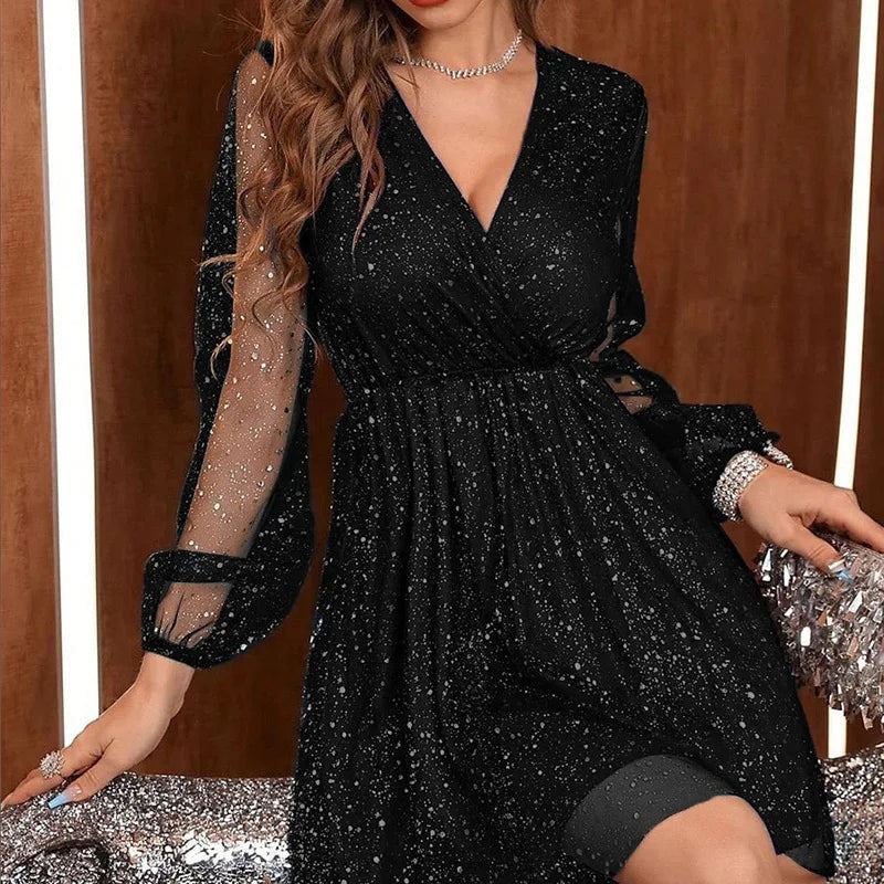 neck Long Sleeve Dresses Spring Autumn Solid A-line Vestidos Black – Black Tie Dress
