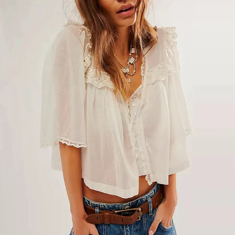 Cotton Blouse Women Cropped Lace Trim White