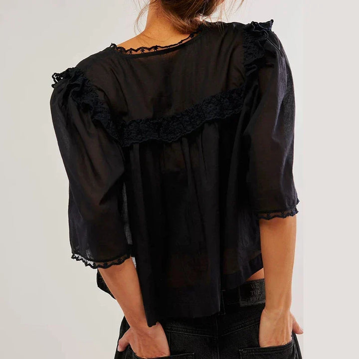 Cotton Blouse Women Cropped Lace Trim White