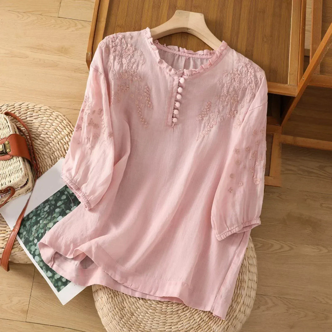 Linen Blouse Women Floral V-Neck Ruffle Crinkle