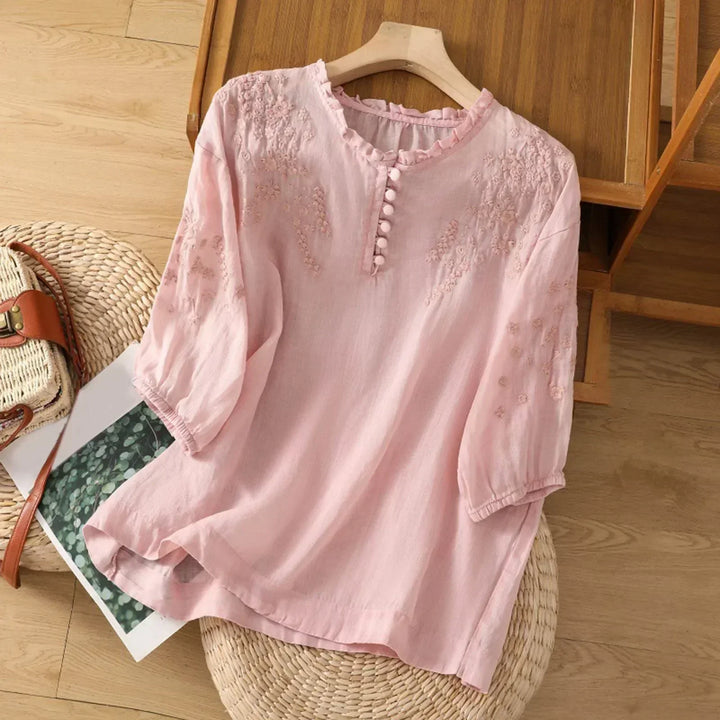 Linen Blouse Women Floral V-Neck Ruffle Crinkle