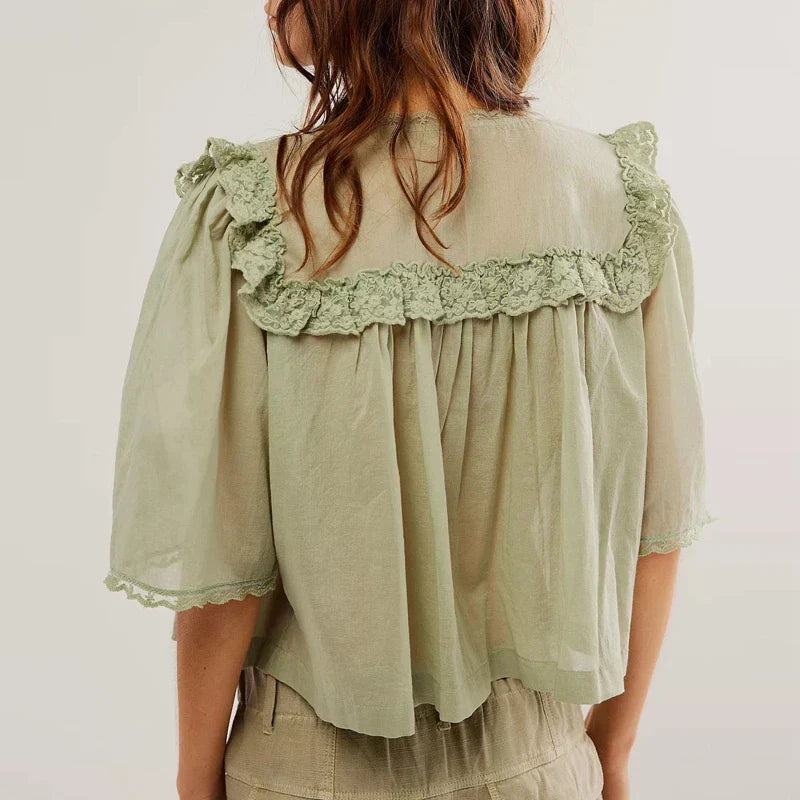 Cotton Blouse Women Cropped Lace Trim White
