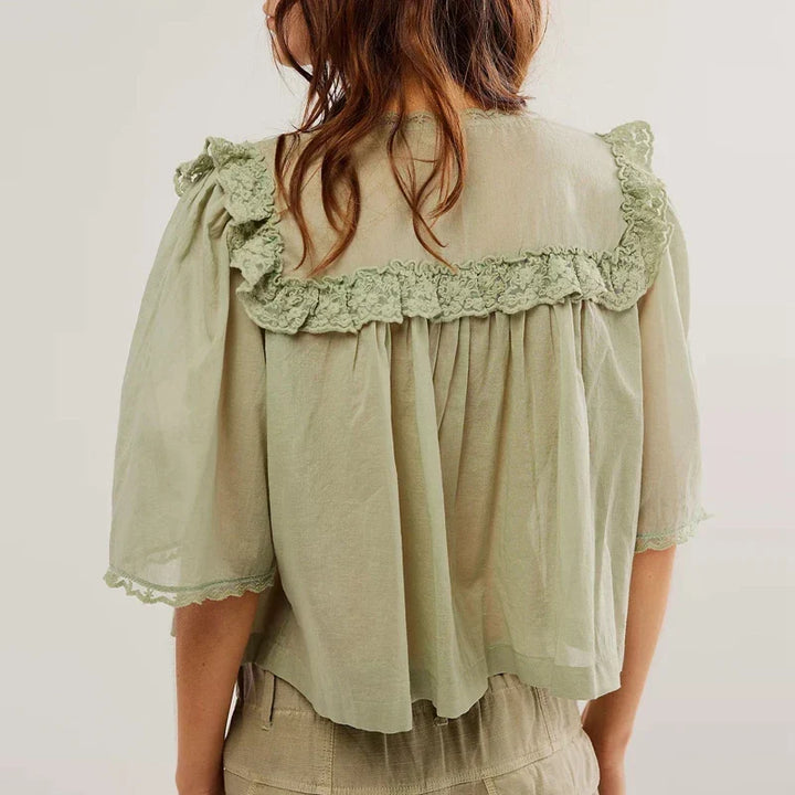 Cotton Blouse Women Cropped Lace Trim White