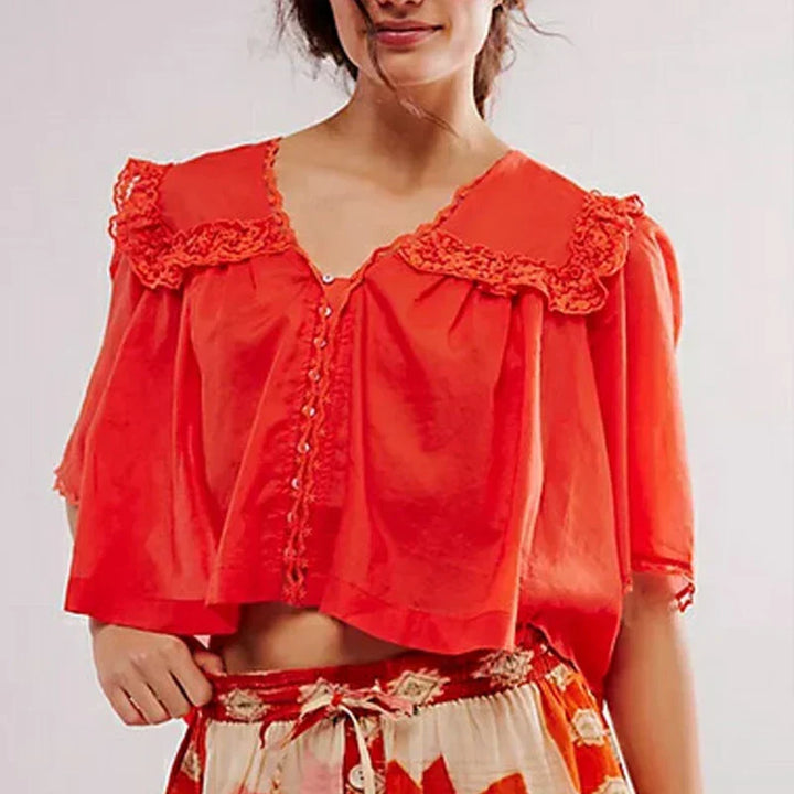 Cotton Blouse Women Cropped Lace Trim White