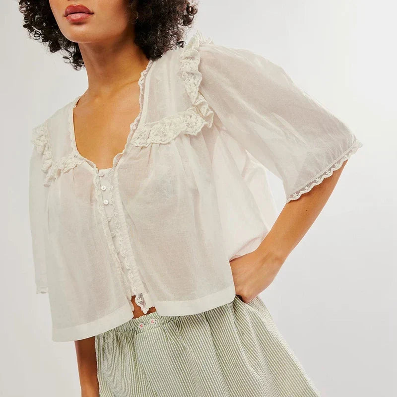 Cotton Blouse Women Cropped Lace Trim White