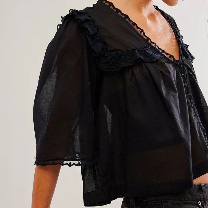 Cotton Blouse Women Cropped Lace Trim White