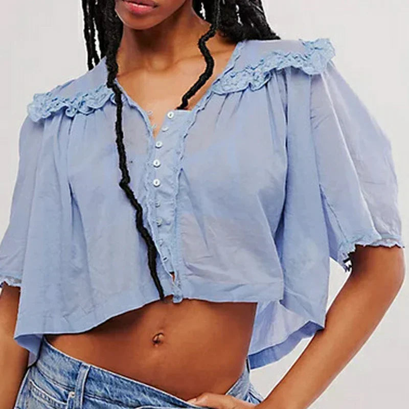Cotton Blouse Women Cropped Lace Trim White