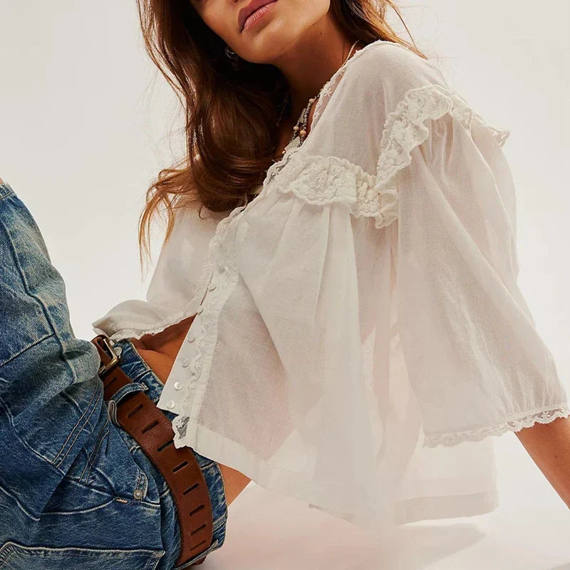 Cotton Blouse Women Cropped Lace Trim White