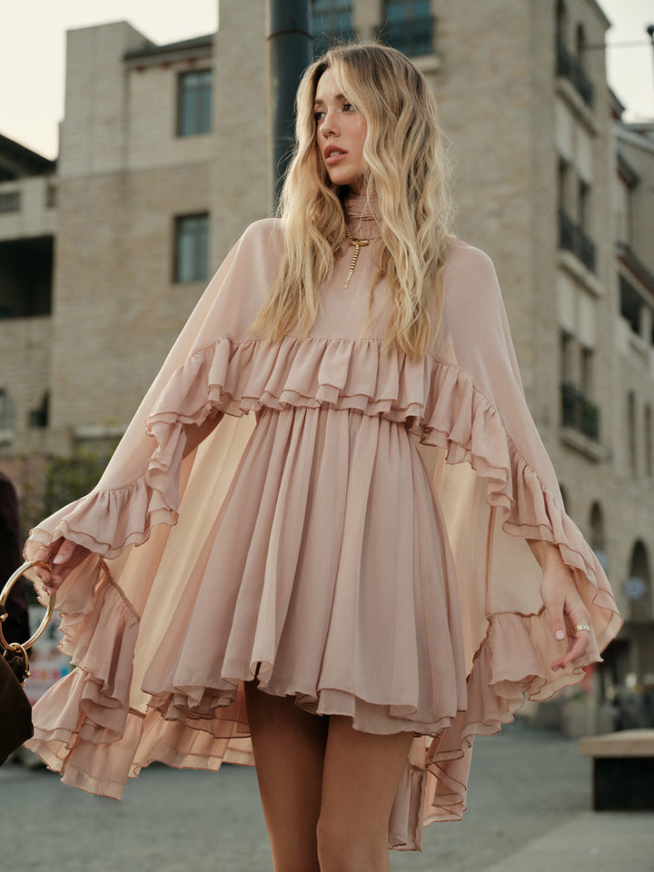 Ruffle Chiffon Mini Dress with High Neck and Layered Fit