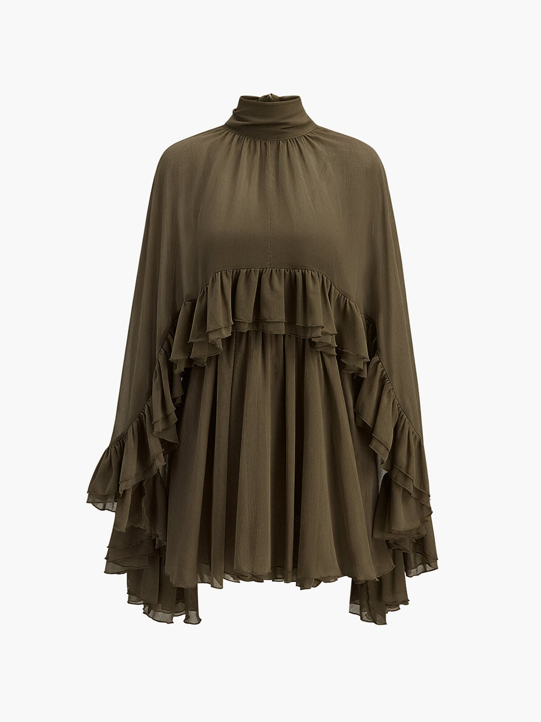 Ruffle Chiffon Mini Dress with High Neck and Layered Fit