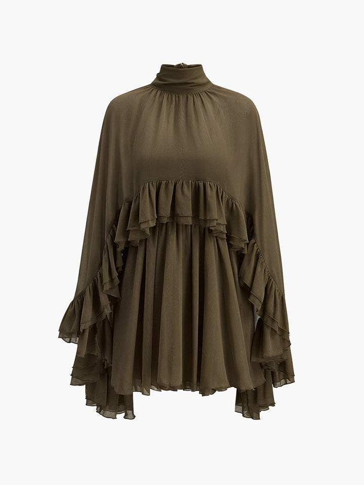 Ruffle Chiffon Mini Dress with High Neck and Layered Fit