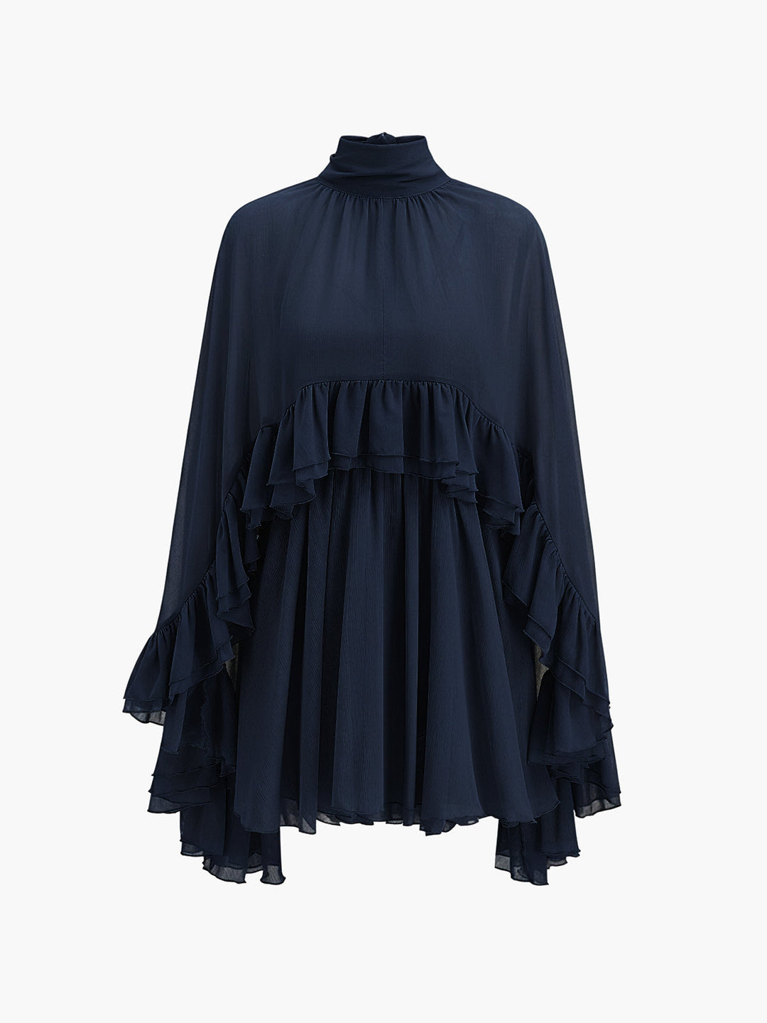 Ruffle Chiffon Mini Dress with High Neck and Layered Fit