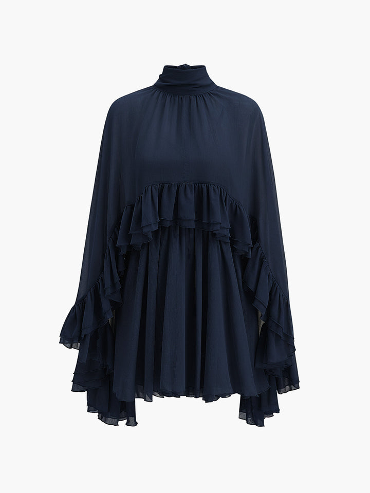 Ruffle Chiffon Mini Dress with High Neck and Layered Fit