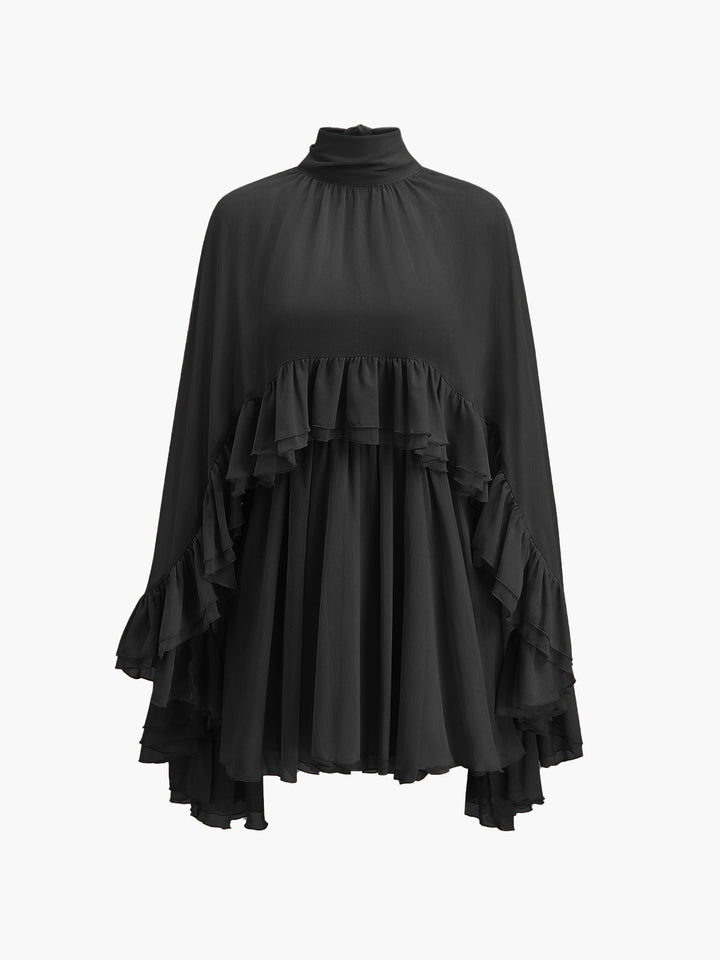 Ruffle Chiffon Mini Dress with High Neck and Layered Fit