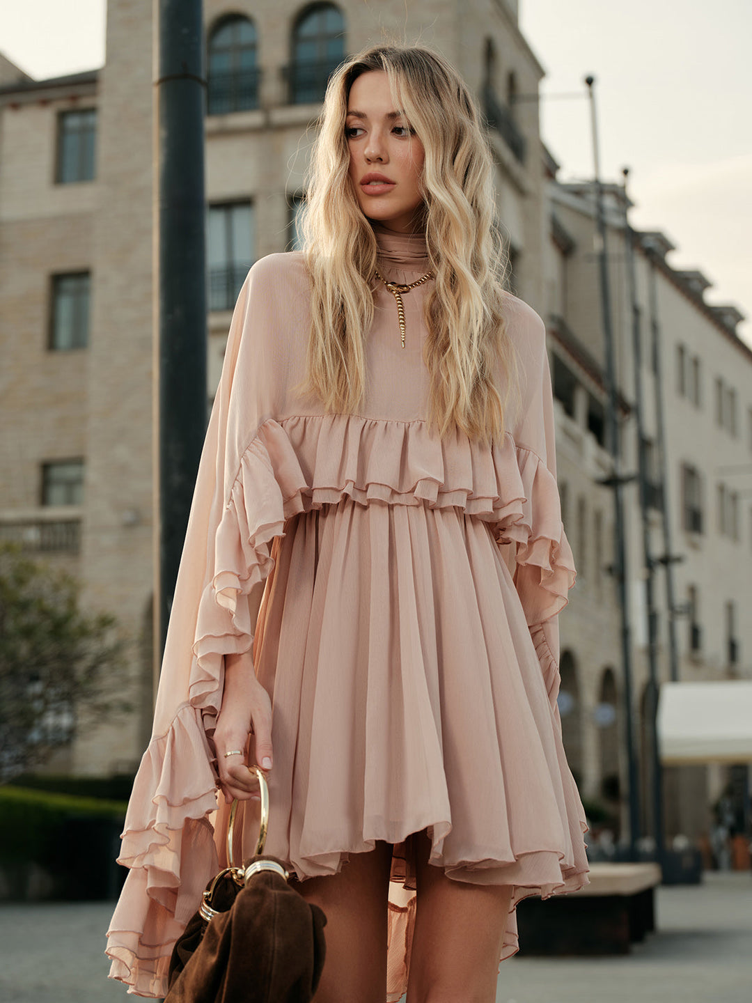 Ruffle Chiffon Mini Dress with High Neck and Layered Fit