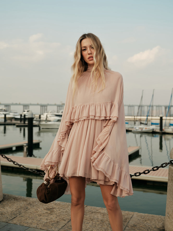 Ruffle Chiffon Mini Dress with High Neck and Layered Fit