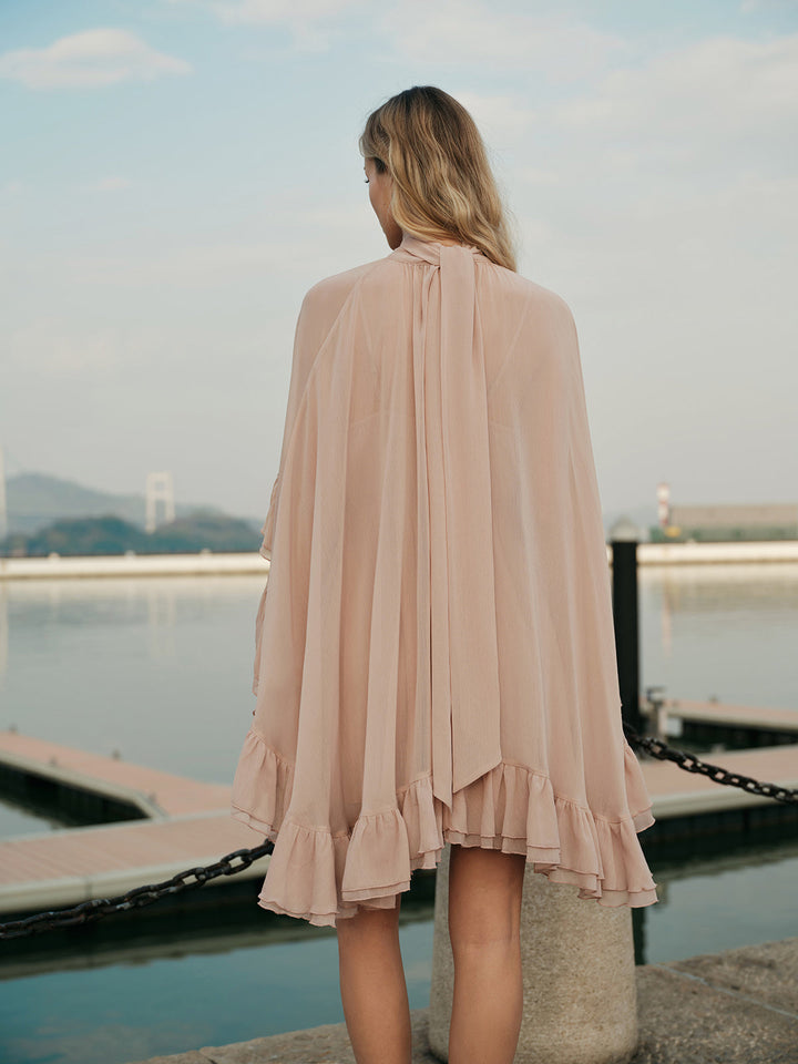 Ruffle Chiffon Mini Dress with High Neck and Layered Fit