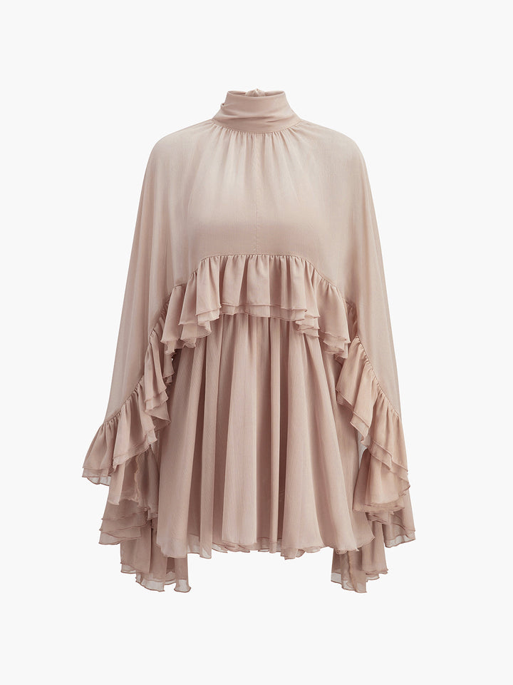 Ruffle Chiffon Mini Dress with High Neck and Layered Fit