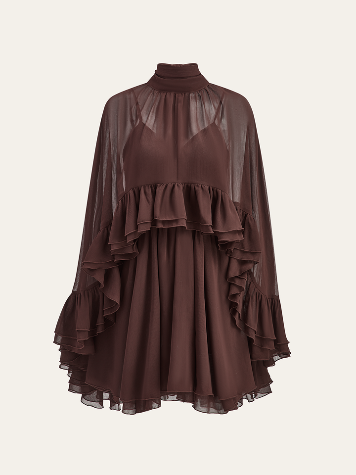 Ruffle Chiffon Mini Dress with High Neck and Layered Fit