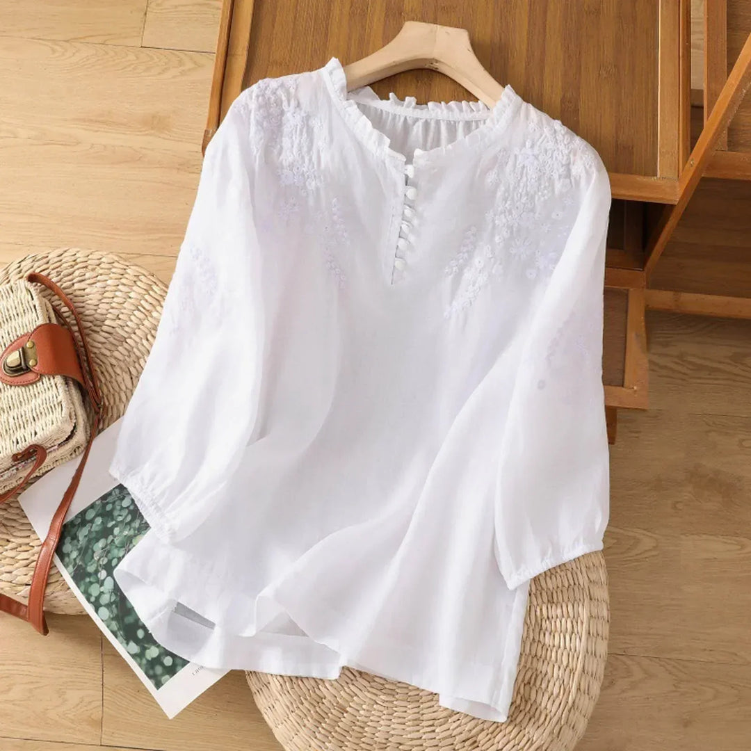 Linen Blouse Women Floral V-Neck Ruffle Crinkle