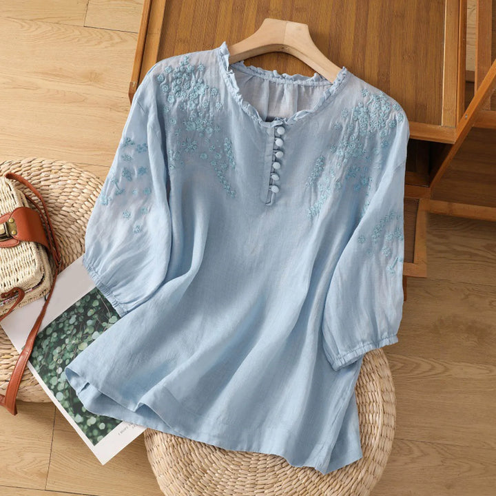 Linen Blouse Women Floral V-Neck Ruffle Crinkle