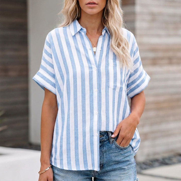 Linen Blouse Women Striped Button Front Oversized