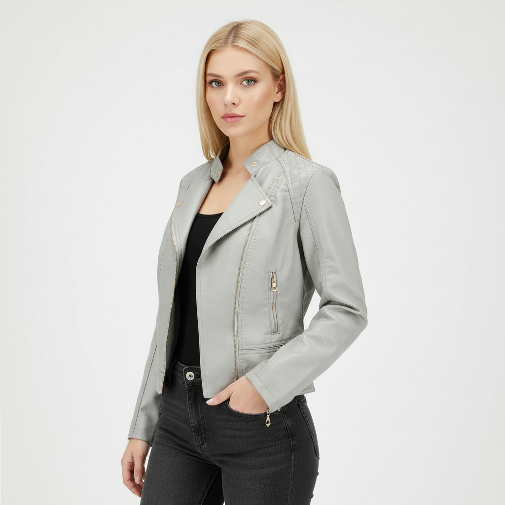 Tabitha | Stand Collar Leather Jacket for Women