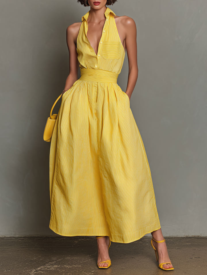Striped Maxi Dress Women Lapel V-Neck Sleeveless