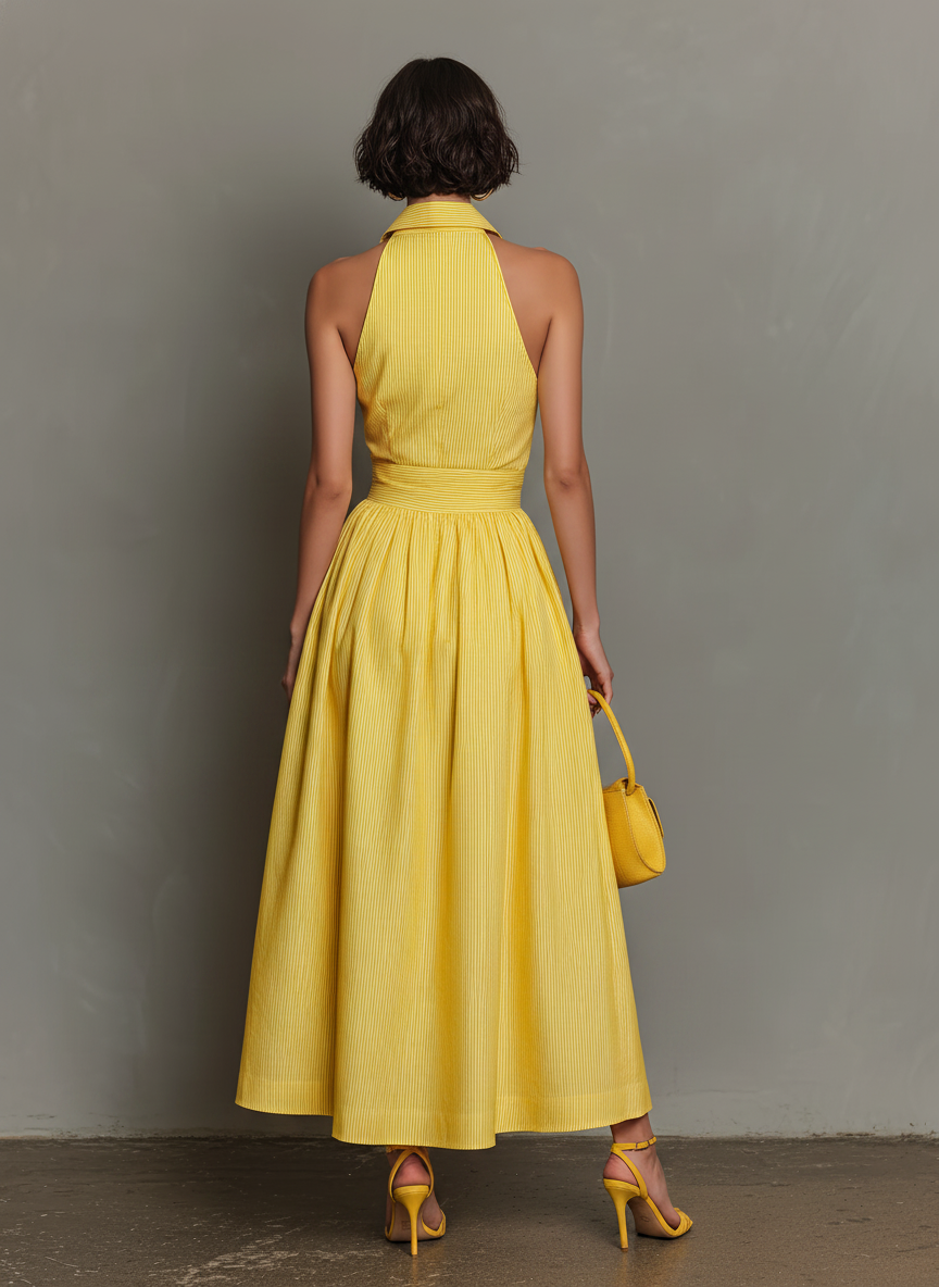 Striped Maxi Dress Women Lapel V-Neck Sleeveless