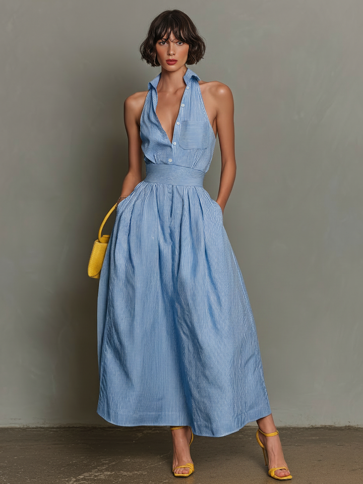 Striped Maxi Dress Women Lapel V-Neck Sleeveless
