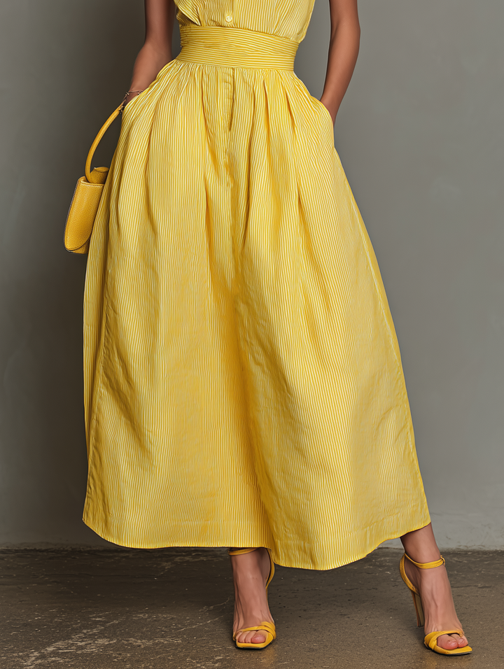 Striped Maxi Dress Women Lapel V-Neck Sleeveless