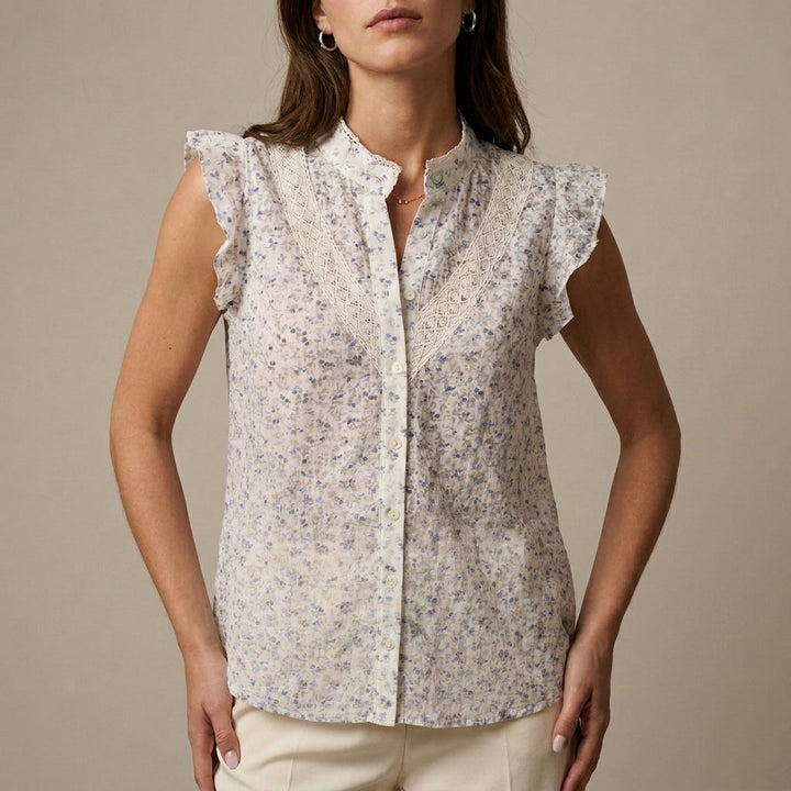 Blouse Women Floral Sleeveless Lace Panel Woven