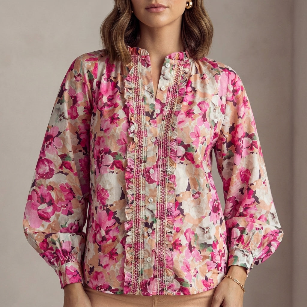 Blouse Women Floral Long Sleeve Ruffle Draped