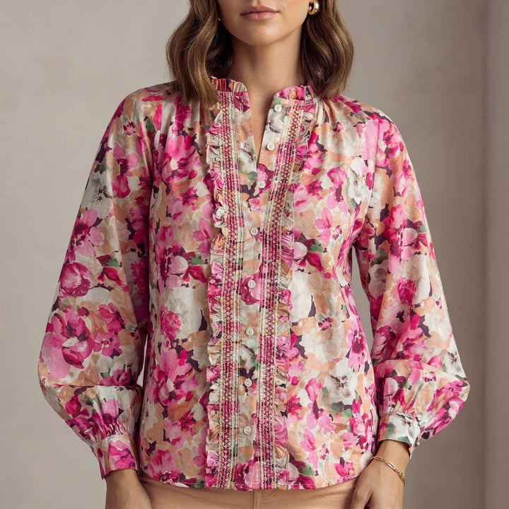 Blouse Women Floral Long Sleeve Ruffle Draped
