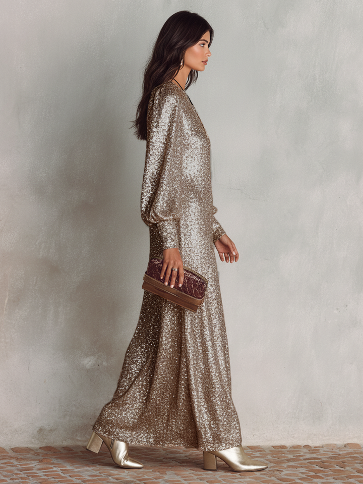 Maxi Dress Women V-Neck Long Sleeve Shimmer Evening