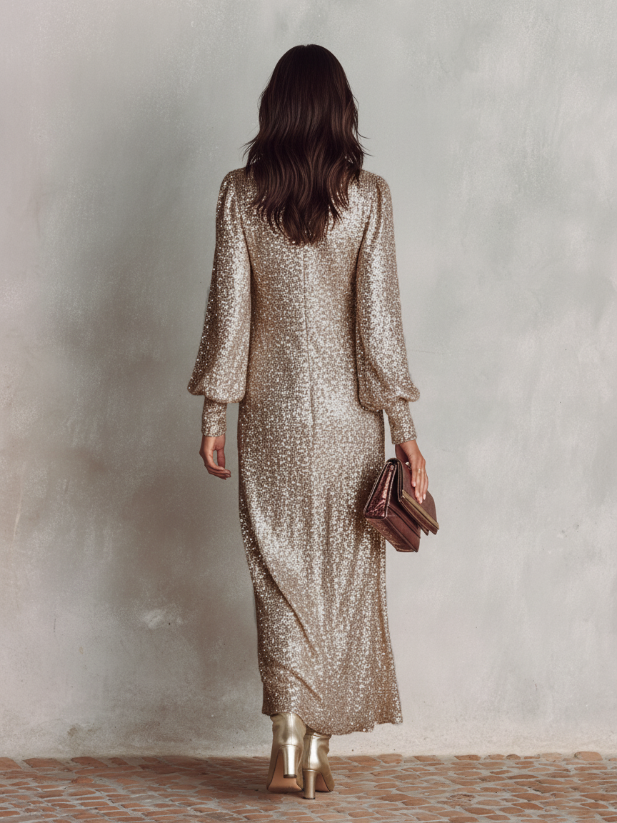 Maxi Dress Women V-Neck Long Sleeve Shimmer Evening