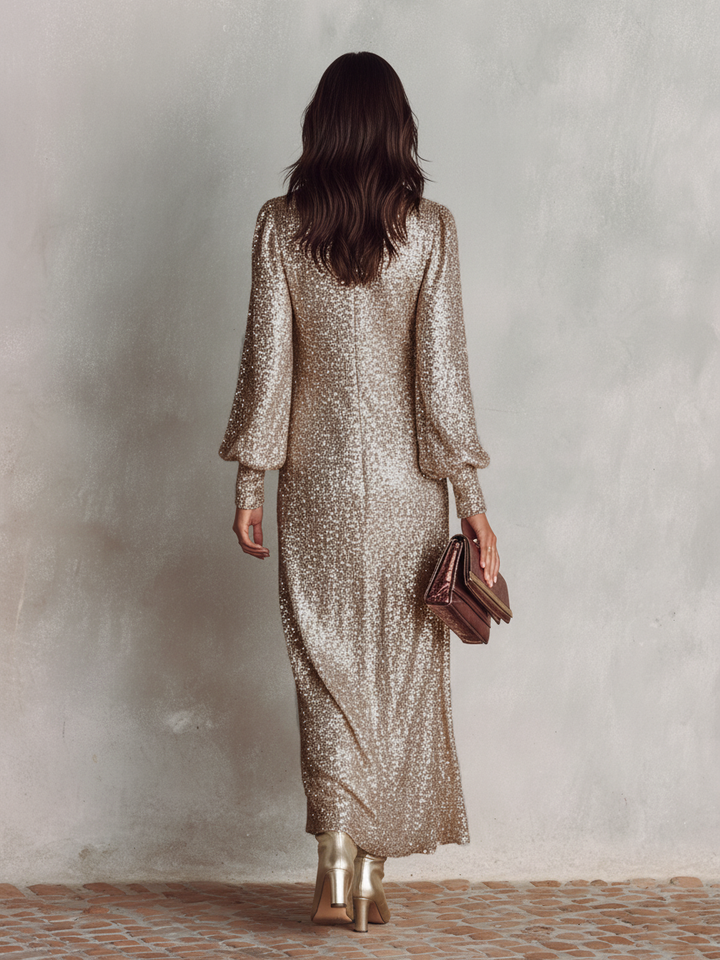 Maxi Dress Women V-Neck Long Sleeve Shimmer Evening