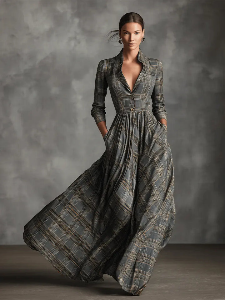 Linen Maxi Dress Women White Tartan A-Line