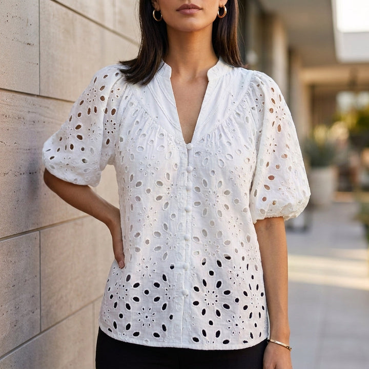 Linen Blouse Women V-Neck Button Front Embroidery