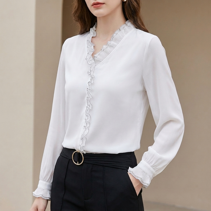 Chiffon Blouse Women V-Neck Puff Sleeve Ruffle Sheer