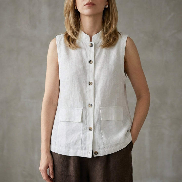 Denim Blouse Women Sleeveless Button Front Mandarin Collar