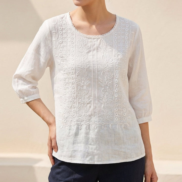 Cotton Blouse Women Floral Embroidery Relaxed Fit Gauzy