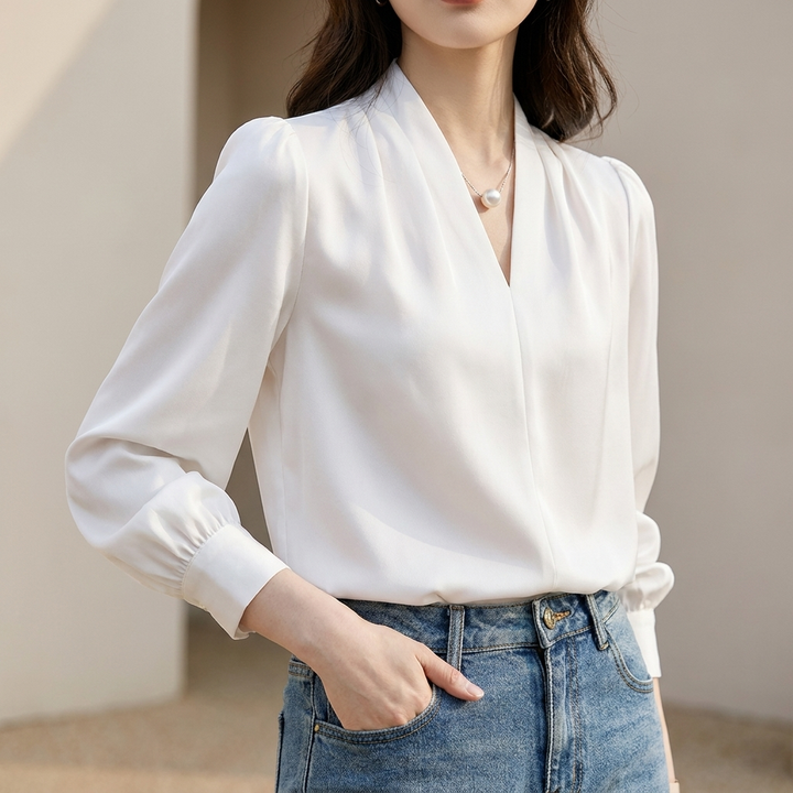 Blouse Women V-Neck Puff Sleeve Pleated Tailored Waist