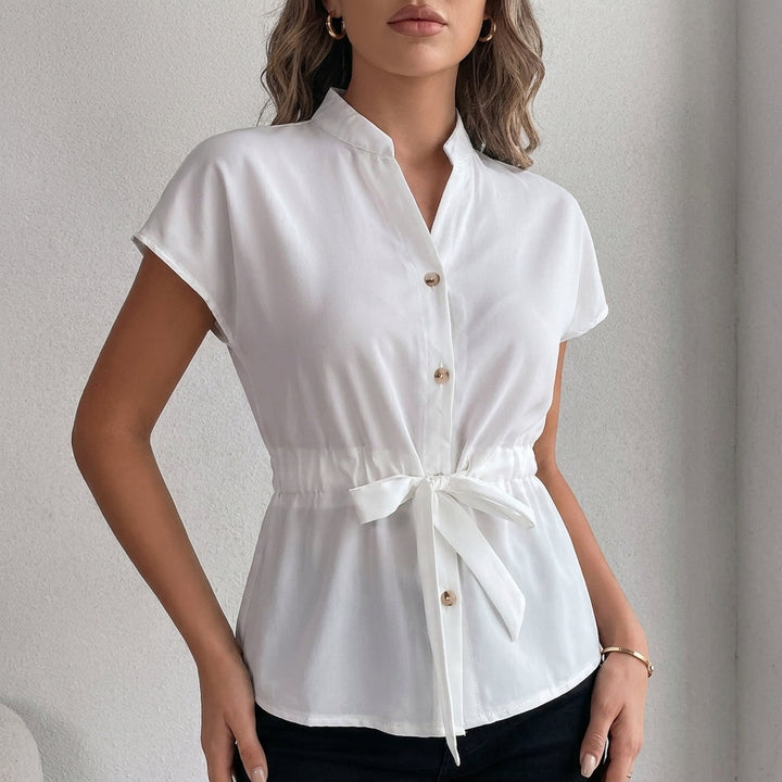 Denim Blouse Women Cap Sleeve Stand Collar Tie Waist