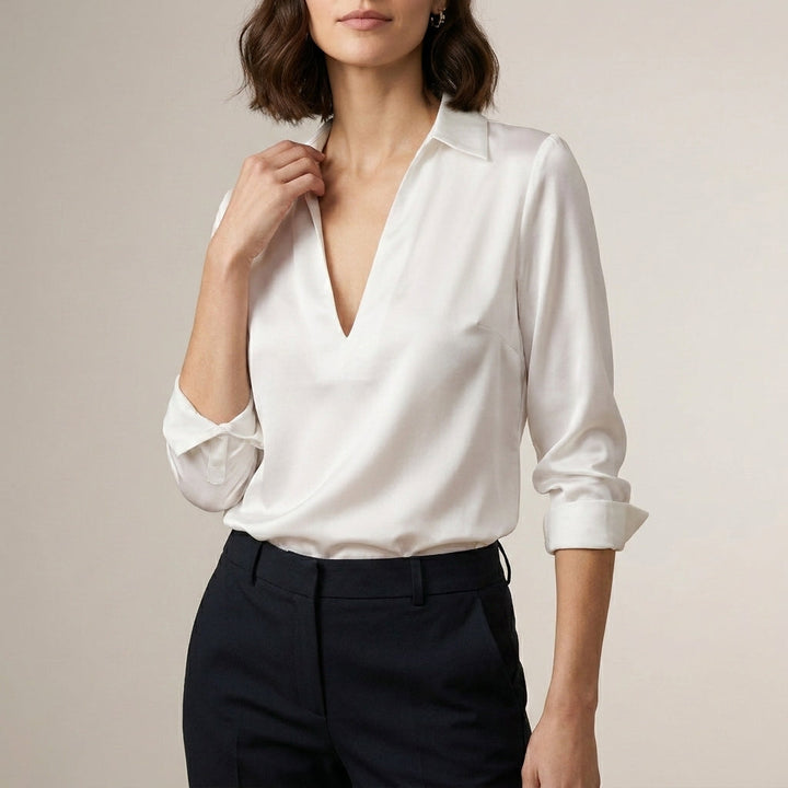 Satin Blouse Women V-Neck Long Sleeve High Waist